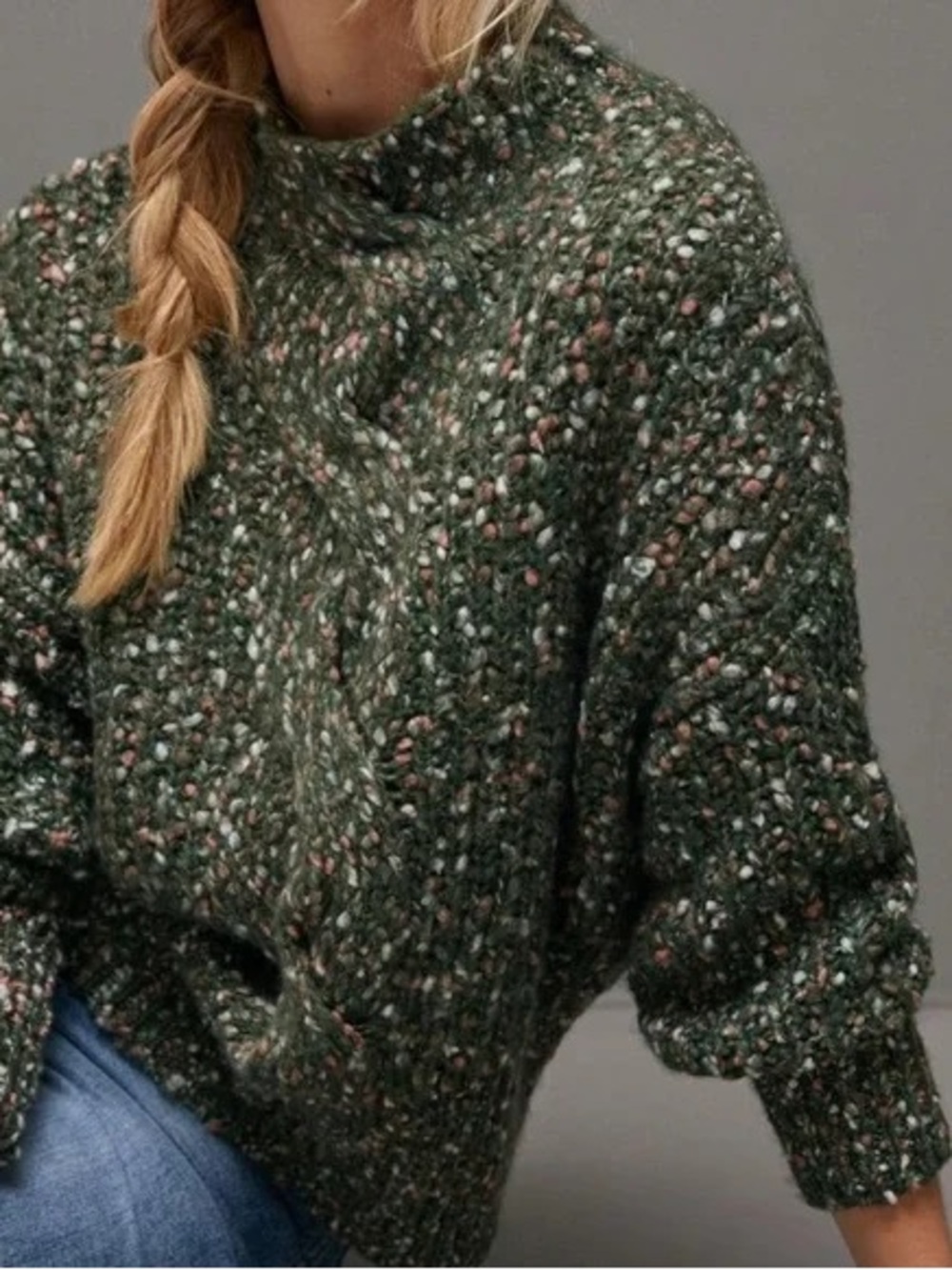 Anthropologie Maeve Olive Green Speckled Mock Neck Cable Knit Wool Blend Sweater